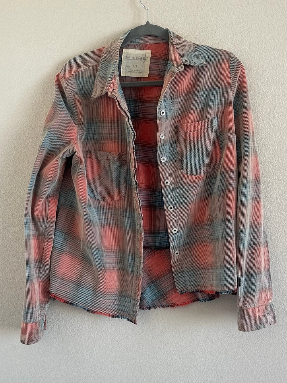 We The Free Coral and Gray Plaid Lightweight Button-Down Flannel